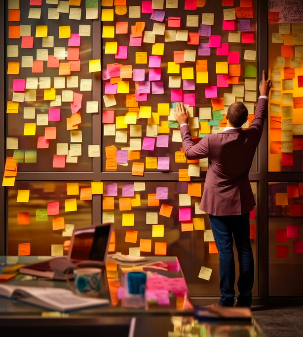 Image of a person working on a panel full of sticky notes